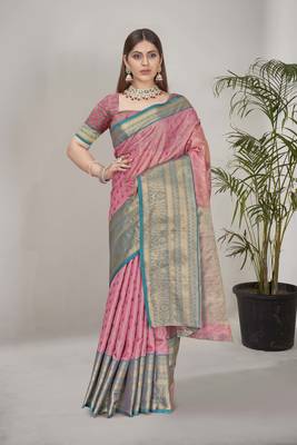 Pink kanchipuram pattu silk traditional contrast zari woven saree 1