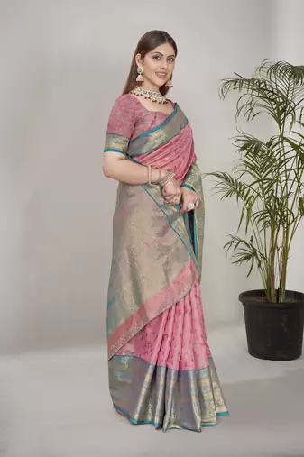 Pink kanchipuram pattu silk traditional contrast zari woven saree