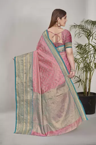 Pink kanchipuram pattu silk traditional contrast zari woven saree