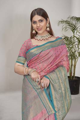 Pink kanchipuram pattu silk traditional contrast zari woven saree 4