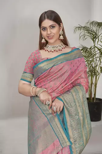 Pink kanchipuram pattu silk traditional contrast zari woven saree