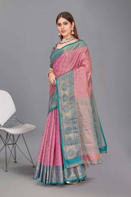 Pink kanchipuram pattu silk traditional contrast zari woven saree 1