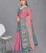 Pink kanchipuram pattu silk traditional contrast zari woven saree