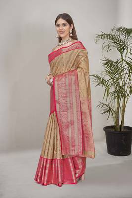 Chickoo kanchipuram pattu silk traditional contrast zari woven saree 1