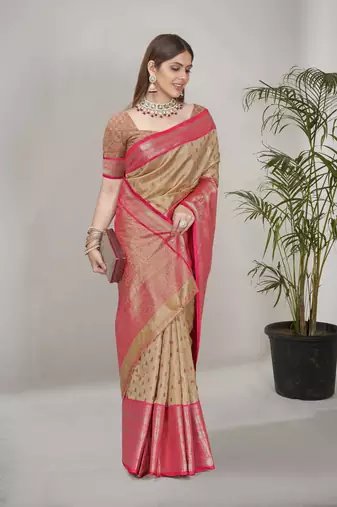 Chickoo kanchipuram pattu silk traditional contrast zari woven saree