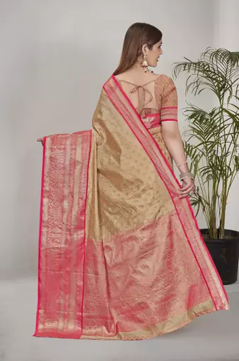 Chickoo kanchipuram pattu silk traditional contrast zari woven saree