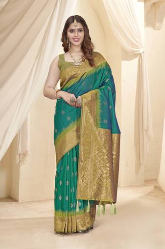 Rama Blue Soft Silk Contrast Gold Zari Woven Saree