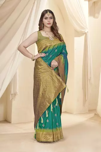 Rama Blue Soft Silk Contrast Gold Zari Woven Saree