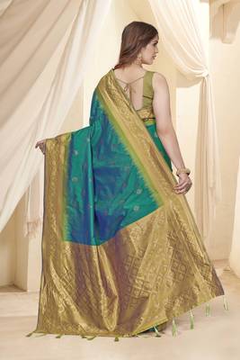 Rama Blue Soft Silk Contrast Gold Zari Woven Saree 3