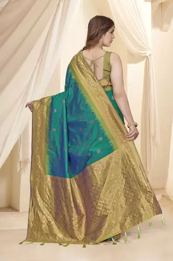 Rama Blue Soft Silk Contrast Gold Zari Woven Saree