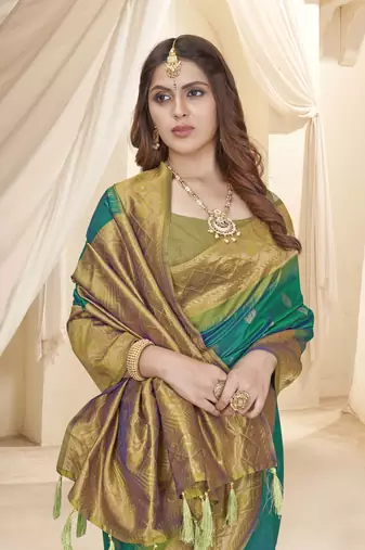 Rama Blue Soft Silk Contrast Gold Zari Woven Saree