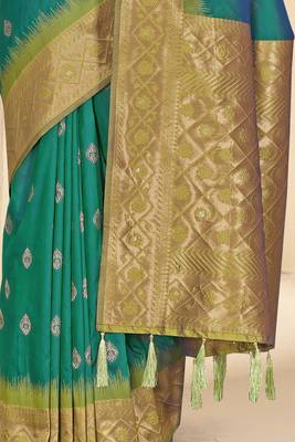 Rama Blue Soft Silk Contrast Gold Zari Woven Saree 5