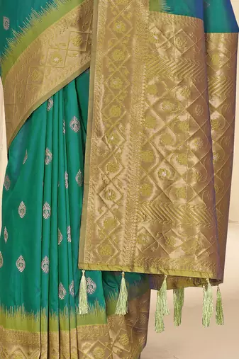 Rama Blue Soft Silk Contrast Gold Zari Woven Saree