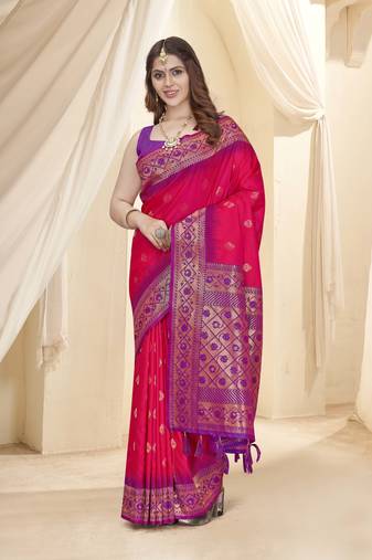 Pink Soft Silk Contrast Gold Zari Woven Saree