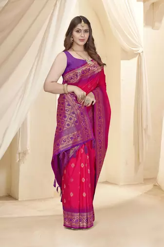 Pink Soft Silk Contrast Gold Zari Woven Saree