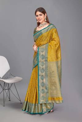 Yellow kanchipuram pattu silk traditional contrast zari woven saree 1