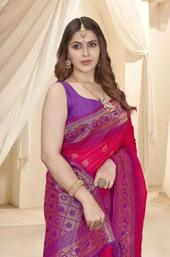 Pink Soft Silk Contrast Gold Zari Woven Saree