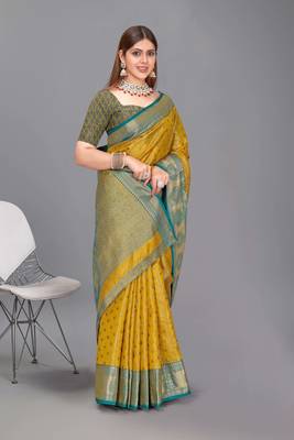 Yellow kanchipuram pattu silk traditional contrast zari woven saree 2