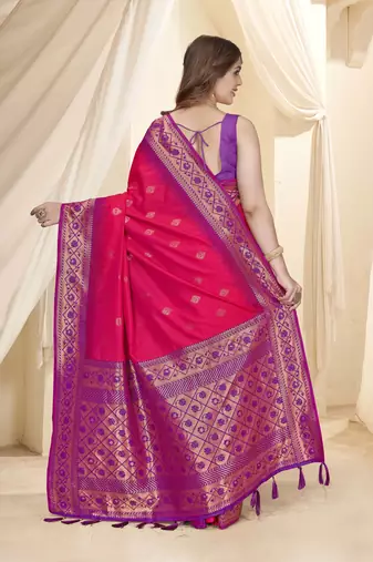 Pink Soft Silk Contrast Gold Zari Woven Saree