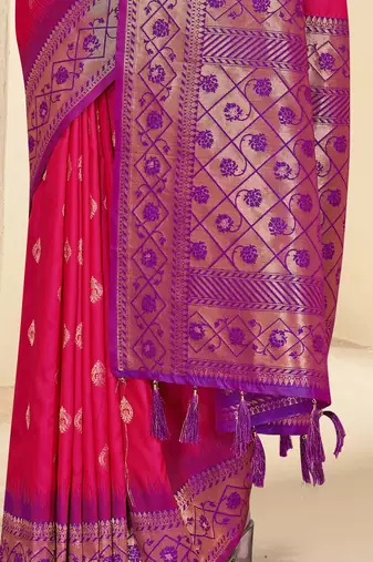 Pink Soft Silk Contrast Gold Zari Woven Saree