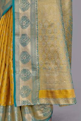 Yellow kanchipuram pattu silk traditional contrast zari woven saree 5