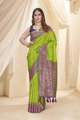 Parrot Green Soft Silk Contrast Gold Zari Woven Saree 1