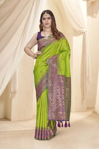 Parrot Green Soft Silk Contrast Gold Zari Woven Saree
