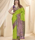 Parrot Green Soft Silk Contrast Gold Zari Woven Saree