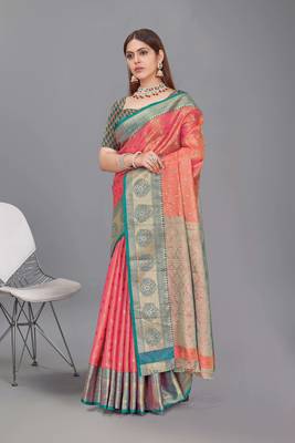 Peach kanchipuram pattu silk traditional contrast zari woven saree 1