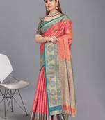 Peach kanchipuram pattu silk traditional contrast zari woven saree