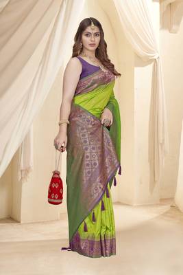 Parrot Green Soft Silk Contrast Gold Zari Woven Saree 2