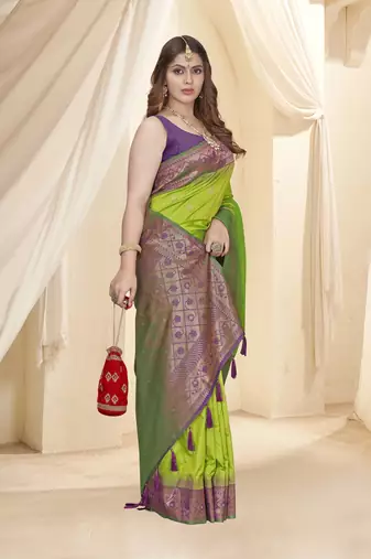Parrot Green Soft Silk Contrast Gold Zari Woven Saree