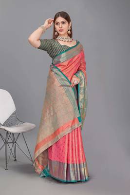Peach kanchipuram pattu silk traditional contrast zari woven saree 2