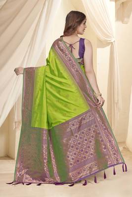 Parrot Green Soft Silk Contrast Gold Zari Woven Saree 3