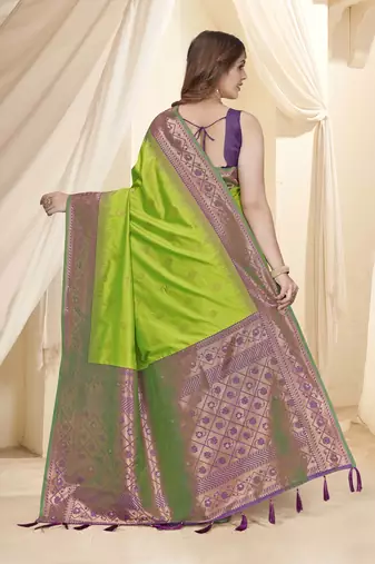 Parrot Green Soft Silk Contrast Gold Zari Woven Saree