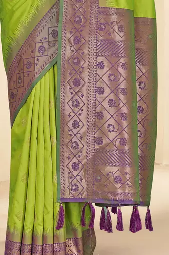Parrot Green Soft Silk Contrast Gold Zari Woven Saree