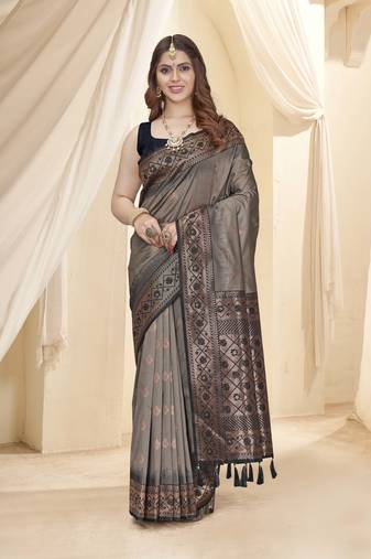 Grey Soft Silk Contrast Gold Zari Woven Saree