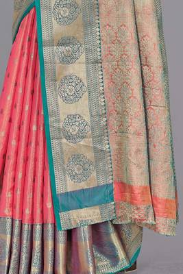 Peach kanchipuram pattu silk traditional contrast zari woven saree 5