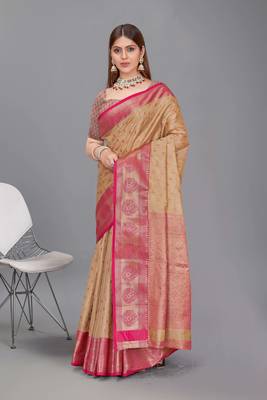 Chickoo kanchipuram pattu silk traditional contrast zari woven saree 1