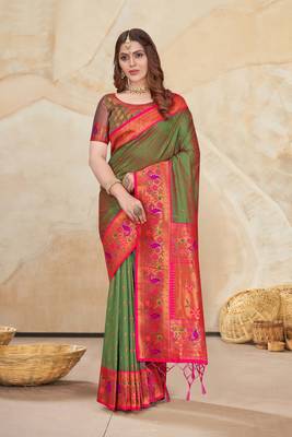 Mehendi Green Muniya Paithani Silk Zari Woven Saree 1