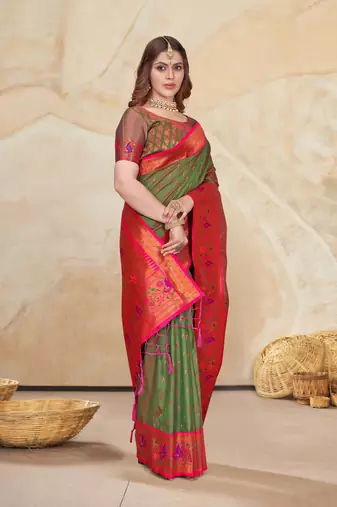 Mehendi Green Muniya Paithani Silk Zari Woven Saree