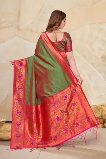 Mehendi Green Muniya Paithani Silk Zari Woven Saree