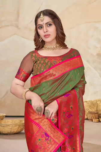 Mehendi Green Muniya Paithani Silk Zari Woven Saree