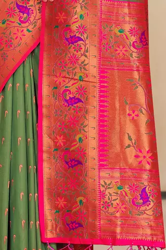 Mehendi Green Muniya Paithani Silk Zari Woven Saree