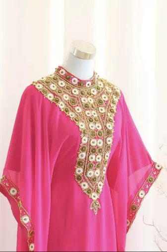 Rani-Pink Handcrafted Zari work Stitched Dress Georgette Kaftan Party Wear Wedding Dresses