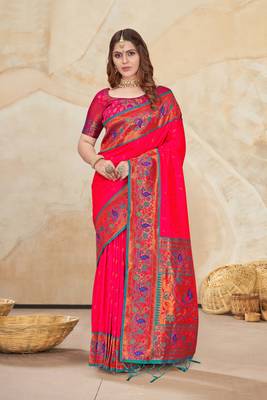 Pink Muniya Paithani Silk Zari Woven Saree 1