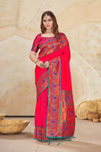 Pink Muniya Paithani Silk Zari Woven Saree