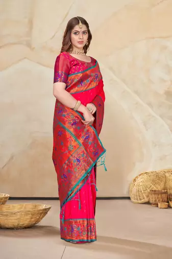 Pink Muniya Paithani Silk Zari Woven Saree