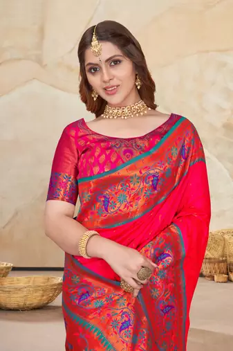 Pink Muniya Paithani Silk Zari Woven Saree