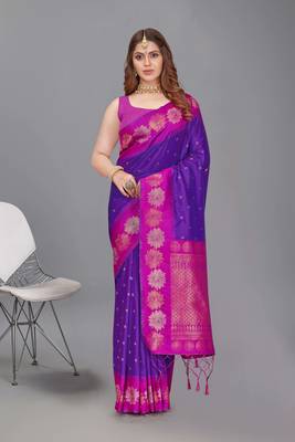 Purple Soft Silk Floral Border Dual Zari Woven Saree 1